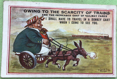 Scarcity of Trains Increased Railway Fares Fat Man on Donkey Cart Postcard 1913