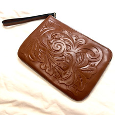 Patricia Nash Cassini Tooled Leather Wristlet Clutch Brown Floral Zip Pouch New