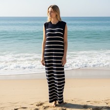 MABLE Navy White Striped Sleeveless Knit Sweater Maxi Dress Sz S Rayon