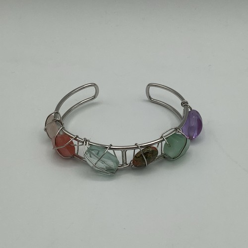Bracciale Pietra Mista Filo Tono Argento Colori Terra Eclettico Boho - Foto 2 di 10