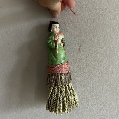 Antique Oriental Ceramic Half Doll Brush (Brush Replaced) Girl With Fan