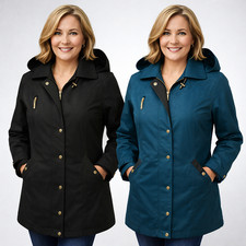 Women's Waterproof Hooded Parka Jacket with Zip Pockets Stylish Raincoat 10-24