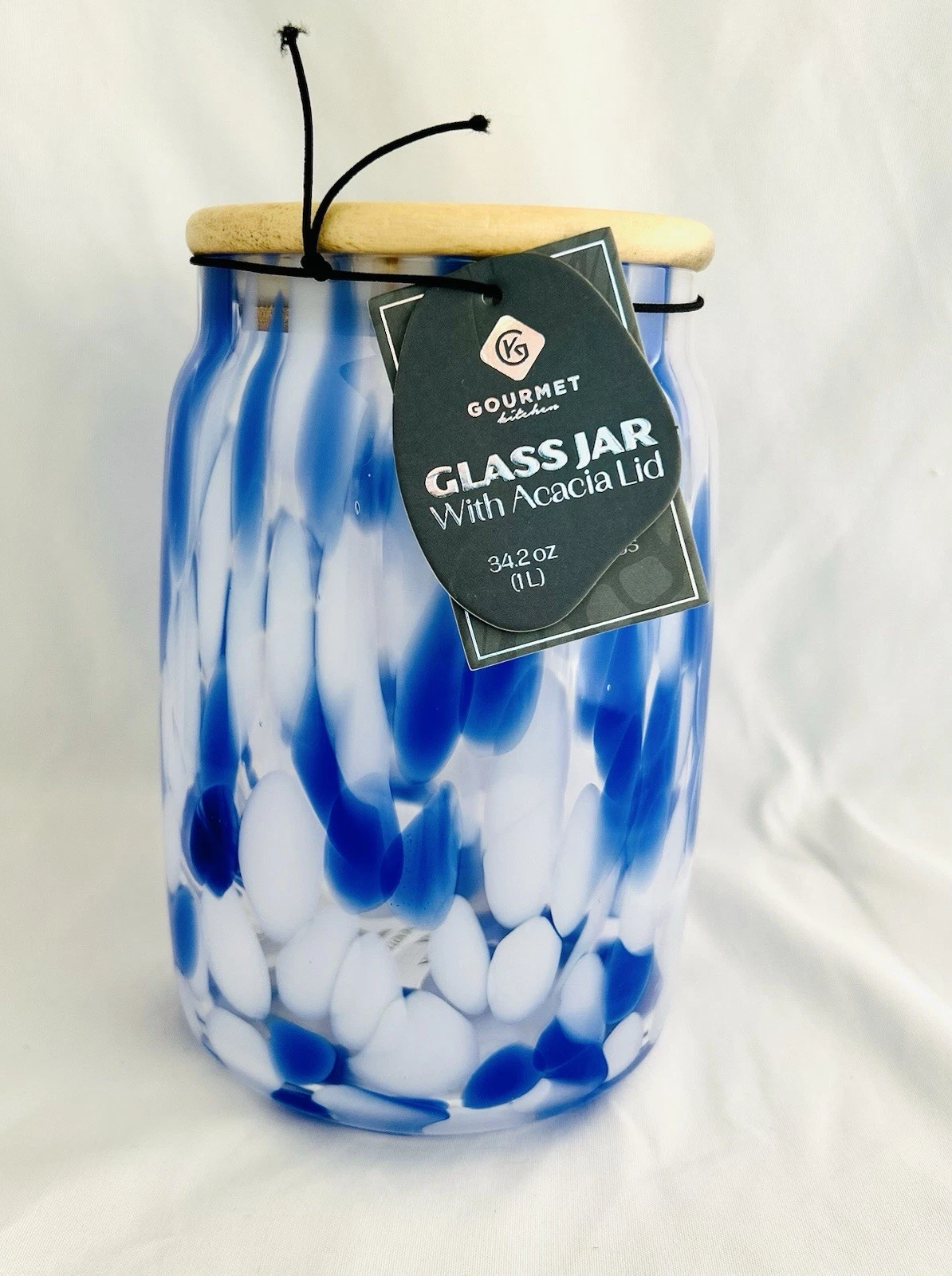 NEW Gourmet Kitchen Murano Glass Jar With Bamboo Lid White~Dark Blue~ Airtight