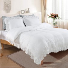 King Size Ruffle Duvet Cover Set 104x90" 3-Piece White Washed Microfiber
