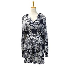 CHANEL 08P Dress Long Sleeve All-over Print Coco Mark Silk Black Size 38