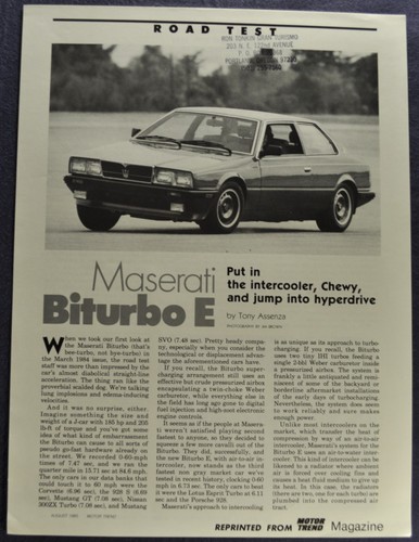 1985 Maserati Biturbo E Sedan Road Test Brochure Sheet Excellent Original 85
