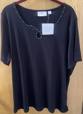 Quacker Factory Black Short Sleeve Faux Rhinestones Knit Top XL 14 16