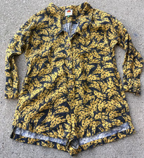 Anthropologie Farm Rio Banana Print Linen Romper Size Med Long Sleeve Shorts