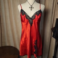 Frederick's of Hollywood Red Satin Lace Chemise Slip Dress Babydoll Lingerie L