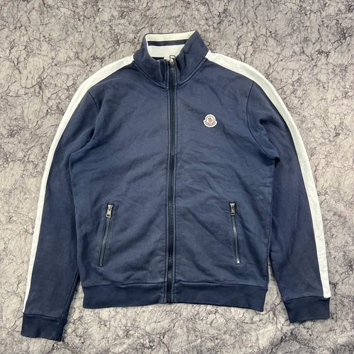 Moncler Full Zip Track Jacket Sweatshirt Navy White Stripe Logo Patch Men’s L - product listing photo