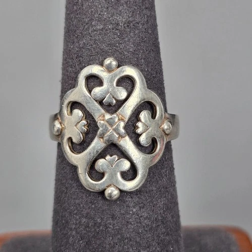 Vintage 925 LATH Sterling Silver Open Adorned Floral Hearts Ring Size 7 3.2g