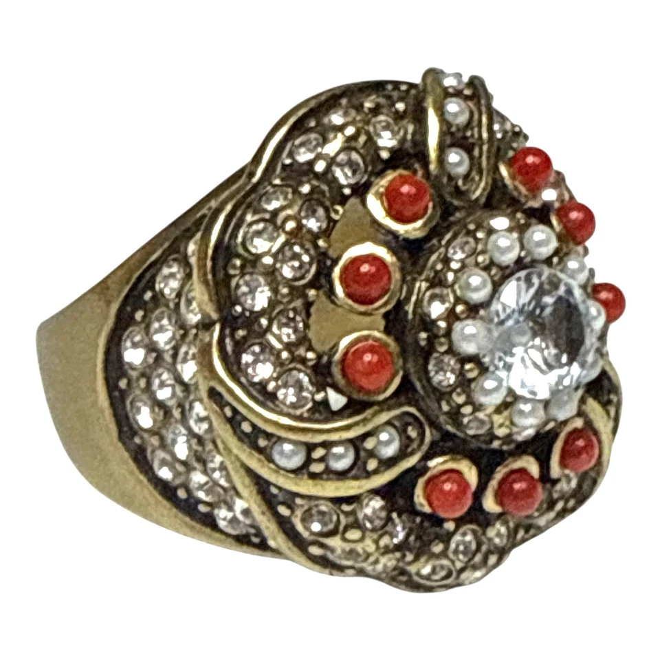 Heidi Daus Size 9 Statement Ring Crystal Red Bead Antique Gold Tone Cocktail Jew - Image 2 of 4