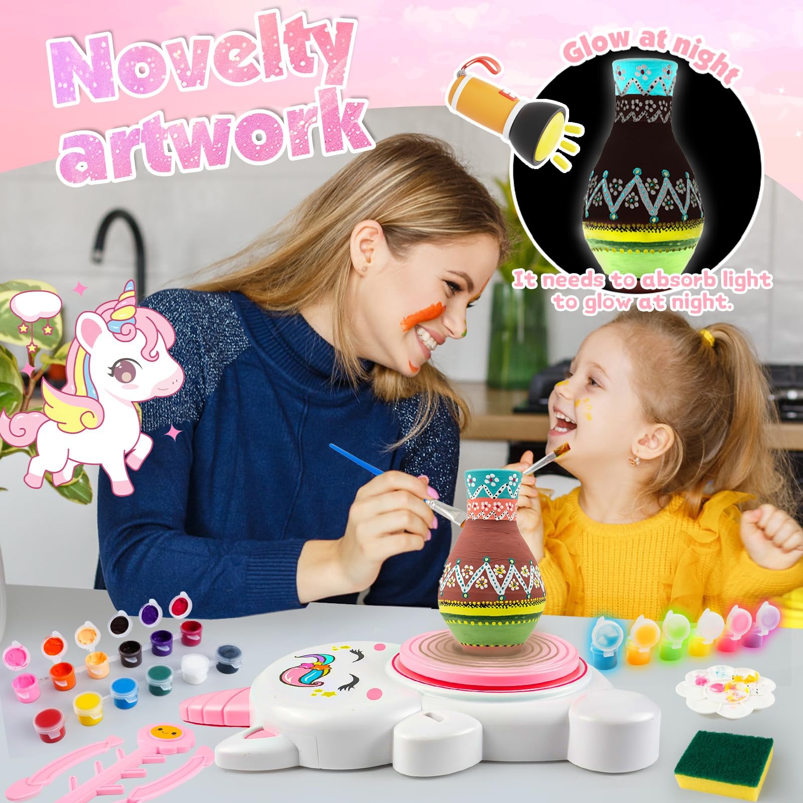 Pottery Wheel Kit for Kids with Glow Paints, Complete Pottery Arts Crafts Toy...