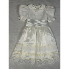Girls White Lace Satin Puff Sleeve Formal Dress Special Occasion Party Size 6