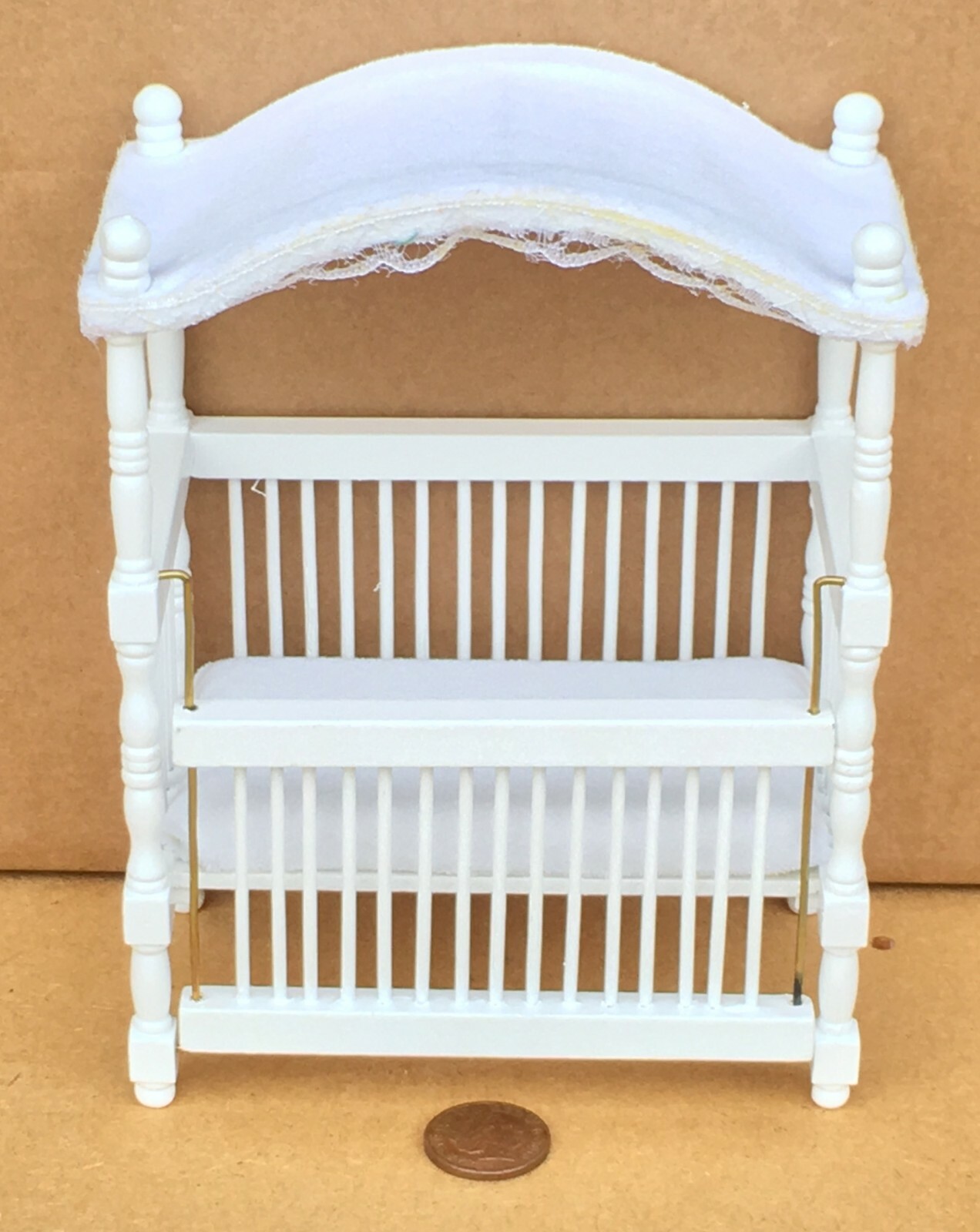 Dolls House Drop Sided White Wooden Cot With A Fabric Canopy