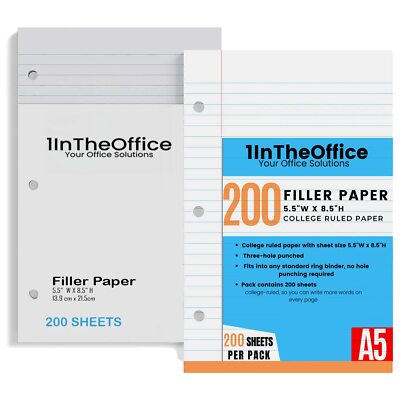 College Ruled Filler Paper 5.5 x 8.5 3 Hole Punch Loose Leaf Paper 200 Sheet