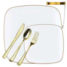 White &Gold Plastic Square Dinner Tableware Set Wedding Party Dinner Package