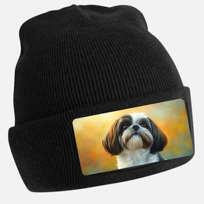 Schwarze Beanie Mütze mit Majestätisches Shih Tzu Hund Motiv Unisex Baumwolle
