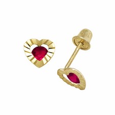 Baby Girl Ruby Birthstone Laser Cut Heart Shape Stud Earrings 14K Yellow Gold