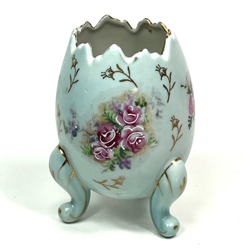 INARCO Egg  1962 Porcelain 3 Footed Vase  Light Blue with Roses 24K Gold Accents - Afbeelding 1 van 8
