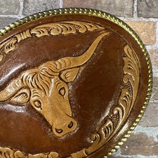 Vintage Western Texas Longhorn Belt Buckle - Leather Inlay Rodeo Cowboy Cowgirl