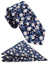 Mens Cotton Skinny Floral Navy Blue Tie Combo Set with Pocket Square