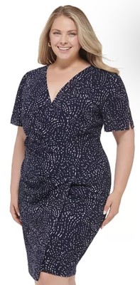 DKNY Dress Navy Blue Lilac Printed Faux Wrap Dressy Knee Length Stretch Plus 22W