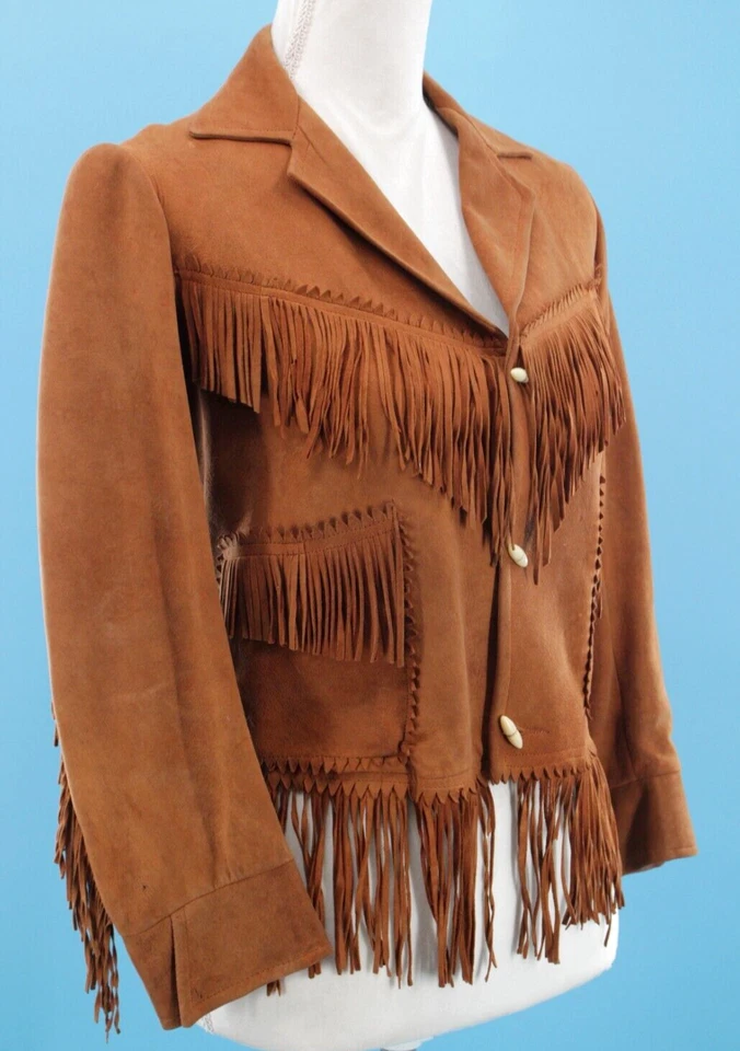 VTG Boy's / Petite Women's 50s Brown Fringe Suede Leather Jacket Sz XXS/XS 1950s - Image 2 of 4
