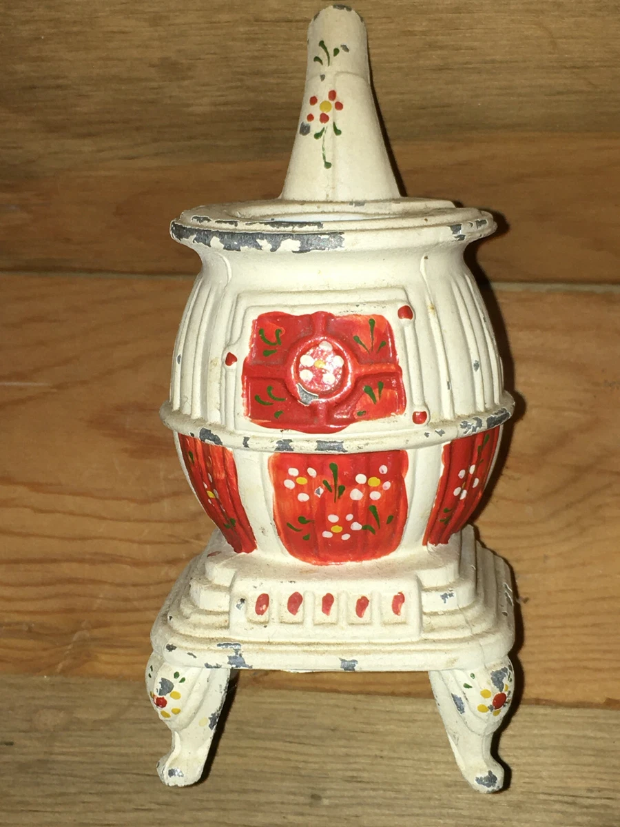 Metal Cast Toy Bank Painted Miniature Pot Belly Wood Stove White with Red |  eBay