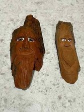 Pair Vintage Hand Carved Old Man Face Spirit Tree Wood Sculpture Folk Art Signed