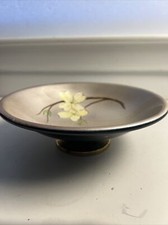 Vintage Enamel Brass Pedestal 8” Bowl Hand Painted Floral Gold Console