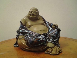 Large Chinese Shiwan Stoneware Flambe-Glazed Buddha Figure