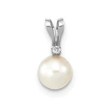 Real 14ktw 5-6mm White Round Saltwater Akoya Cultured Pearl Diamond Pendant
