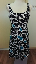 NEW Nine West Knee Length A-Line Dress Black White Print Structured Bodice 10