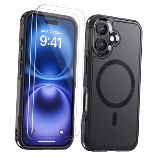 Magnetic Case, [2 Pack Tempered Glass Screen for iPhone 16 Black