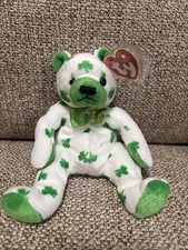 Ty Beanie Baby Clover Bear, 2001 St. Patrick  s Day Black Button Eyes Shamrocks