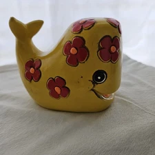 Vintage Ceramic Yellow Whale Red Orange Flowers Bank No Plug Kid Decor