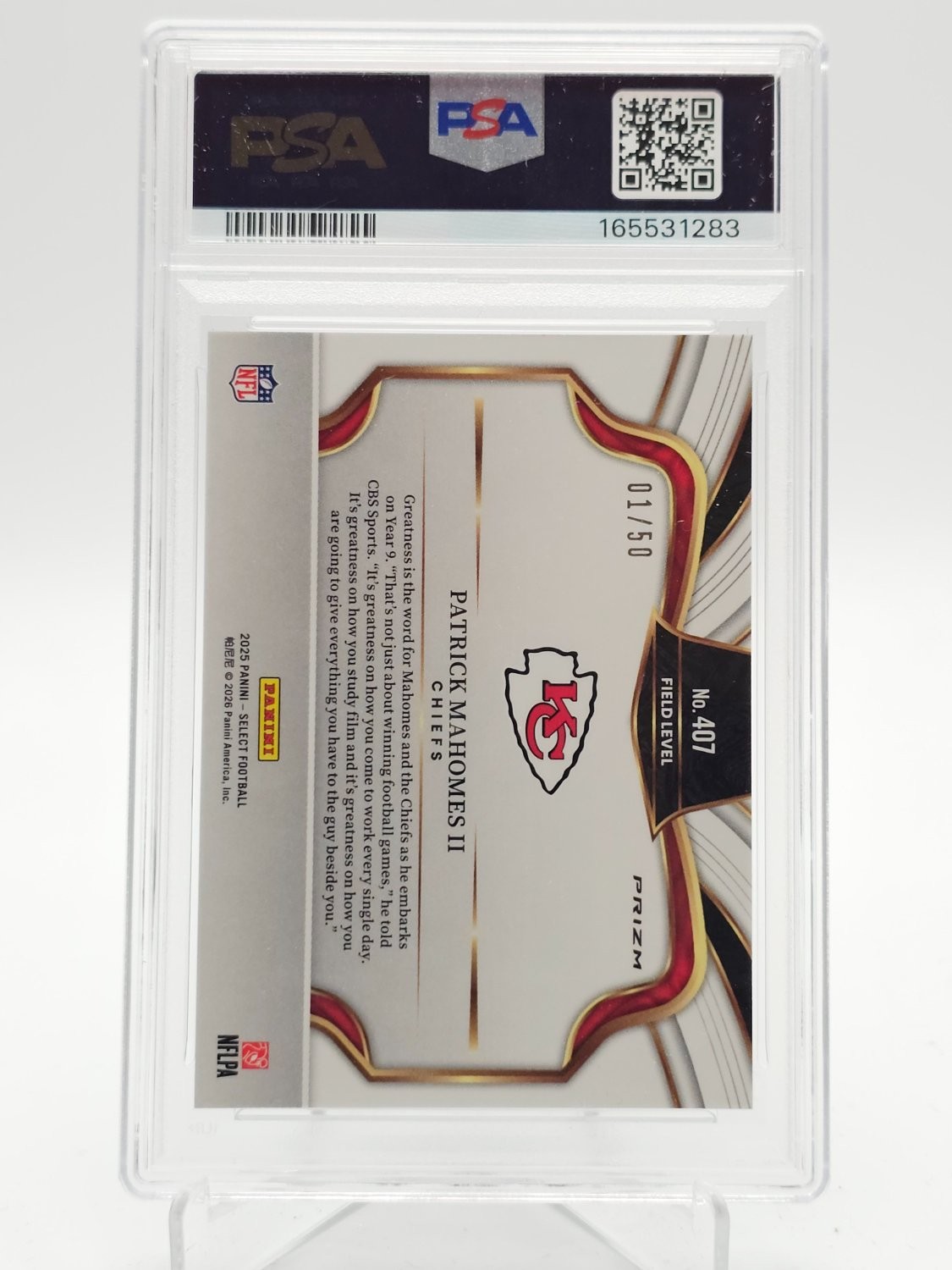 PATRICK MAHOMES II 2025 SELECT FIELD LEVEL GREEN DRAGON SCALE 01/50 PSA 10 Q6608 view 2