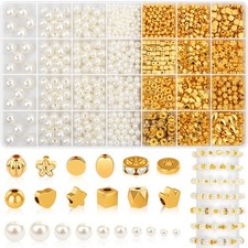 1352 Piece Gold Spacer and Pearl Beads for Bracelets, Small, White