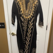 Womens Kaftan Maxi Dress Size M Black Gold Embroidered V-Neck 3/4 Sleeve