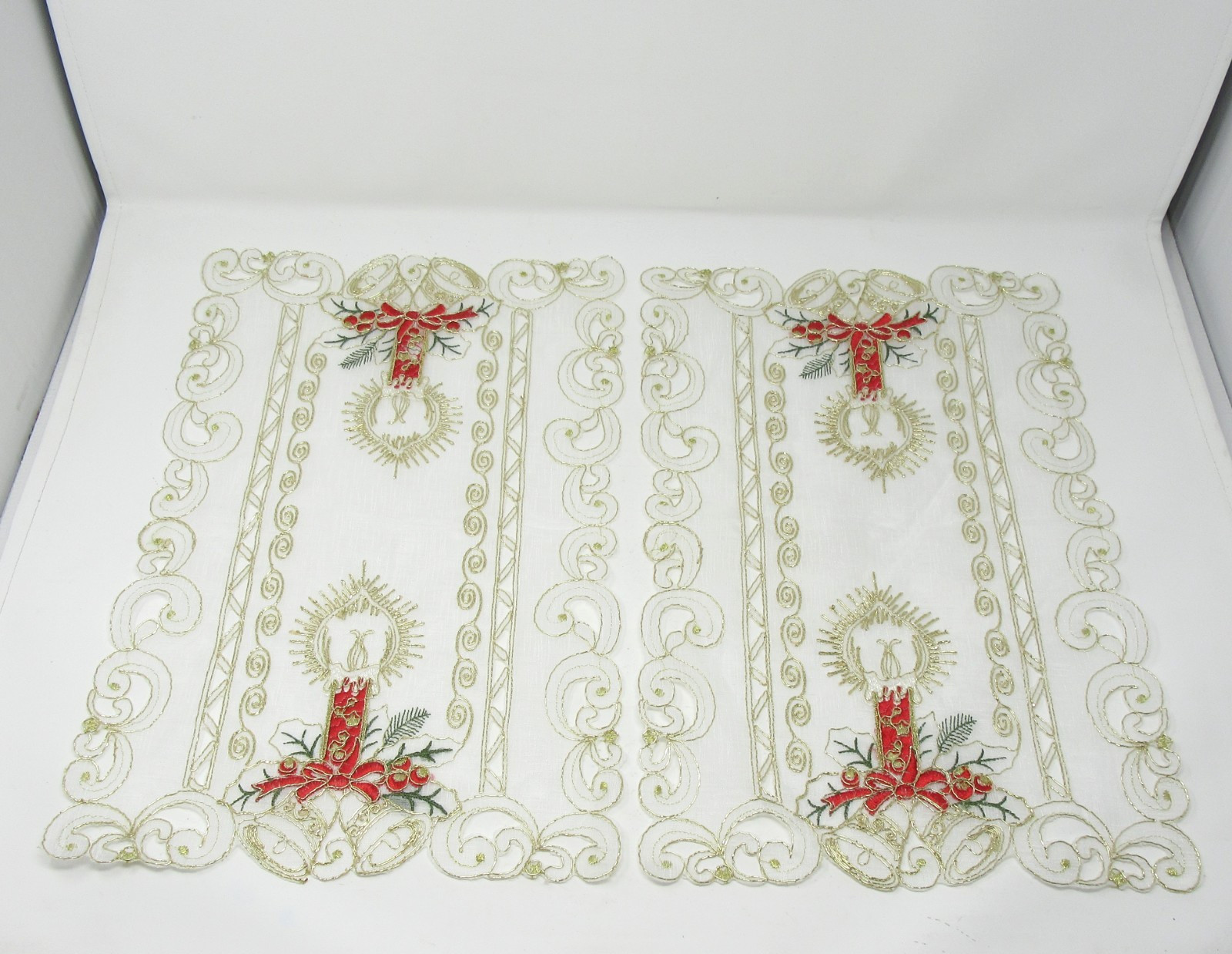 Fabric Cutout Christmas Placemats Gold Red Candles Bells 11" x 17" Set of 2