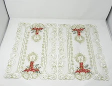 Fabric Cutout Christmas Placemats Gold Red Candles Bells 11" x 17" Set of 2