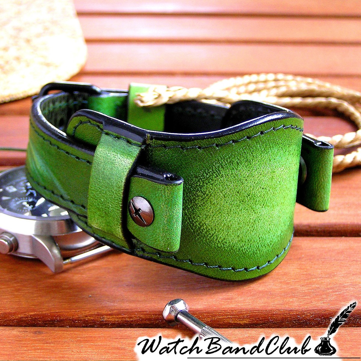 Leather Watch Cuff in Green Tie-Dye with Gold Hardware. Large adapters. Green Crocodile Leather Watch Strap | VGreen main image 2
