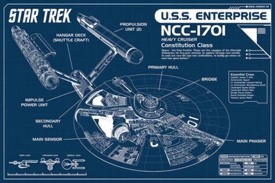 Star Trek - TV Show Poster (NCC-1701 - U.S.S. Enterprise - Blueprint) (36 x 24'')