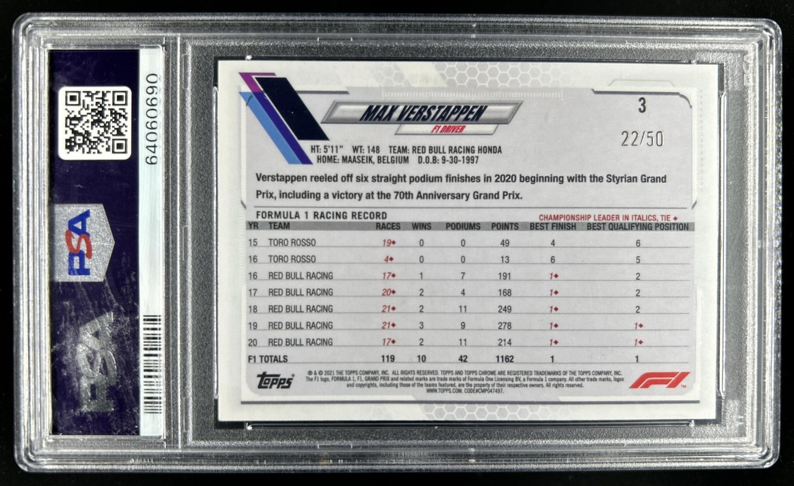 2021 Topps Chrome F1 Max Verstappen Gold Wave Refractor Portrait #/50 PSA 10 view 2