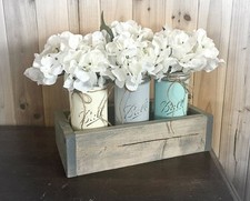 Boho Mason jar decor distressed teal blue set 3 wedding decor -jars/flowers only