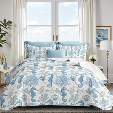 Coastal Bedding Queen Size Coastal Quilt with 2 Shams, Nautical Beach Comforter