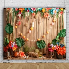 10x8ft Summer Hawaiian Backdrops for Photography Tropical Leaves Flower Wood