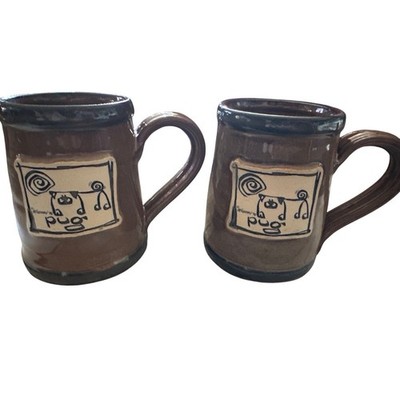 McCartney 1998 Studio Pottery Pug Mugs Set of 2 Brown Stoneware Artist Signed