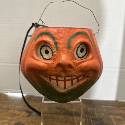Vintage Circa 1940's Paper Mache Grinning Pulp Halloween Jack-O-Lantern Nos,new